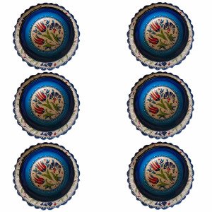 Tabaklı Çerezlik Pasta Seti 6 tane El Dekoru 13*5,5 cm Seramik  Kase 6 tane 18 cm Kütahya Pasta Tabağı