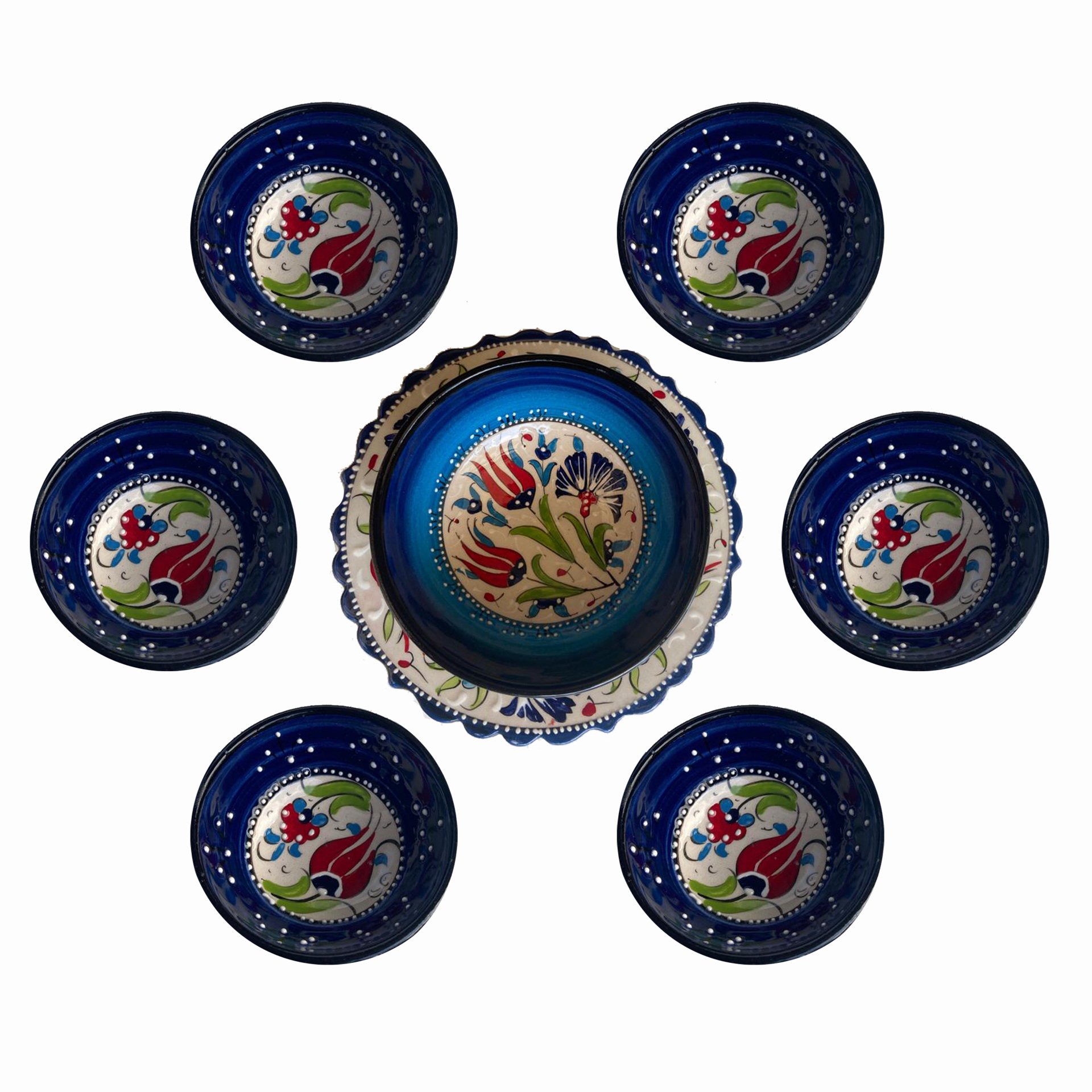 Tabaklı Çerezlik Pasta Seti 6 Tane 8*3,5 cm Kase 1 tane El Dekoru 13*5,5 cm Seramik  Kase 1 tane 18 cm Kütahya Pasta Tabağı