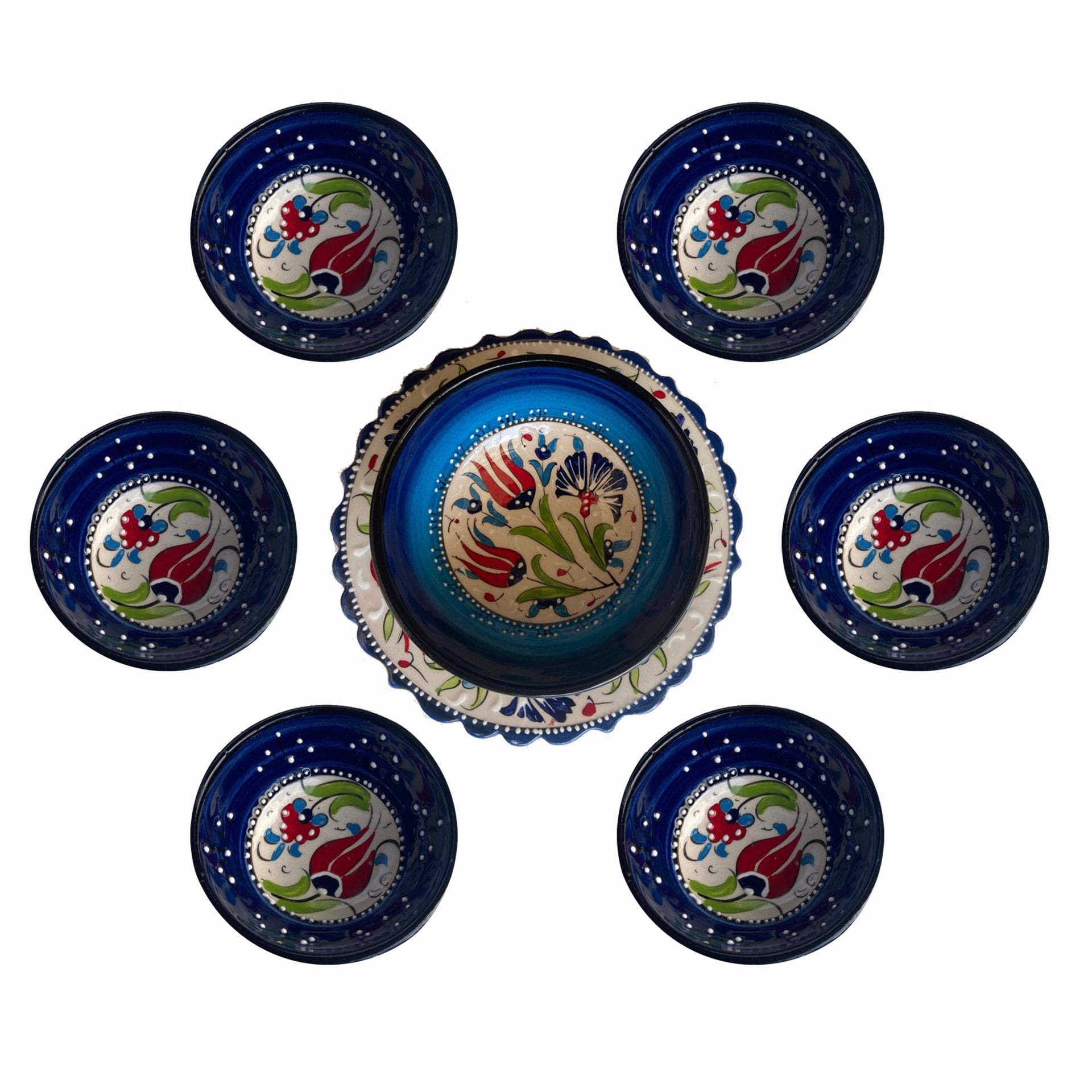 Tabaklı Çerezlik Pasta Seti 6 Tane 8*3,5 cm Kase 1 tane El Dekoru 13*5,5 cm Seramik  Kase 1 tane 18 cm Kütahya Pasta Tabağı