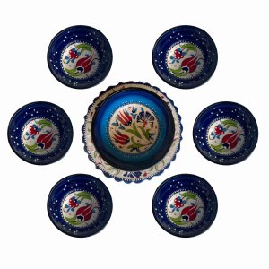 Tabaklı Çerezlik Pasta Seti 6 Tane 8*3,5 cm Kase 1 tane El Dekoru 13*5,5 cm Seramik  Kase 1 tane 18 cm Kütahya Pasta Tabağı