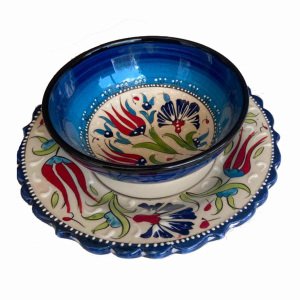 Tabaklı Kırmızı Lacivert Çerezlik Pasta Seti 6 Tane 8*3,5 cm Kase 1 tane El Dekoru 13*5,5 cm Seramik  Kase 1 tane 18 cm Kütahya Pasta Tabağı