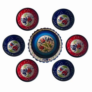 Tabaklı Kırmızı Lacivert Çerezlik Pasta Seti 6 Tane 8*3,5 cm Kase 1 tane El Dekoru 13*5,5 cm Seramik  Kase 1 tane 18 cm Kütahya Pasta Tabağı