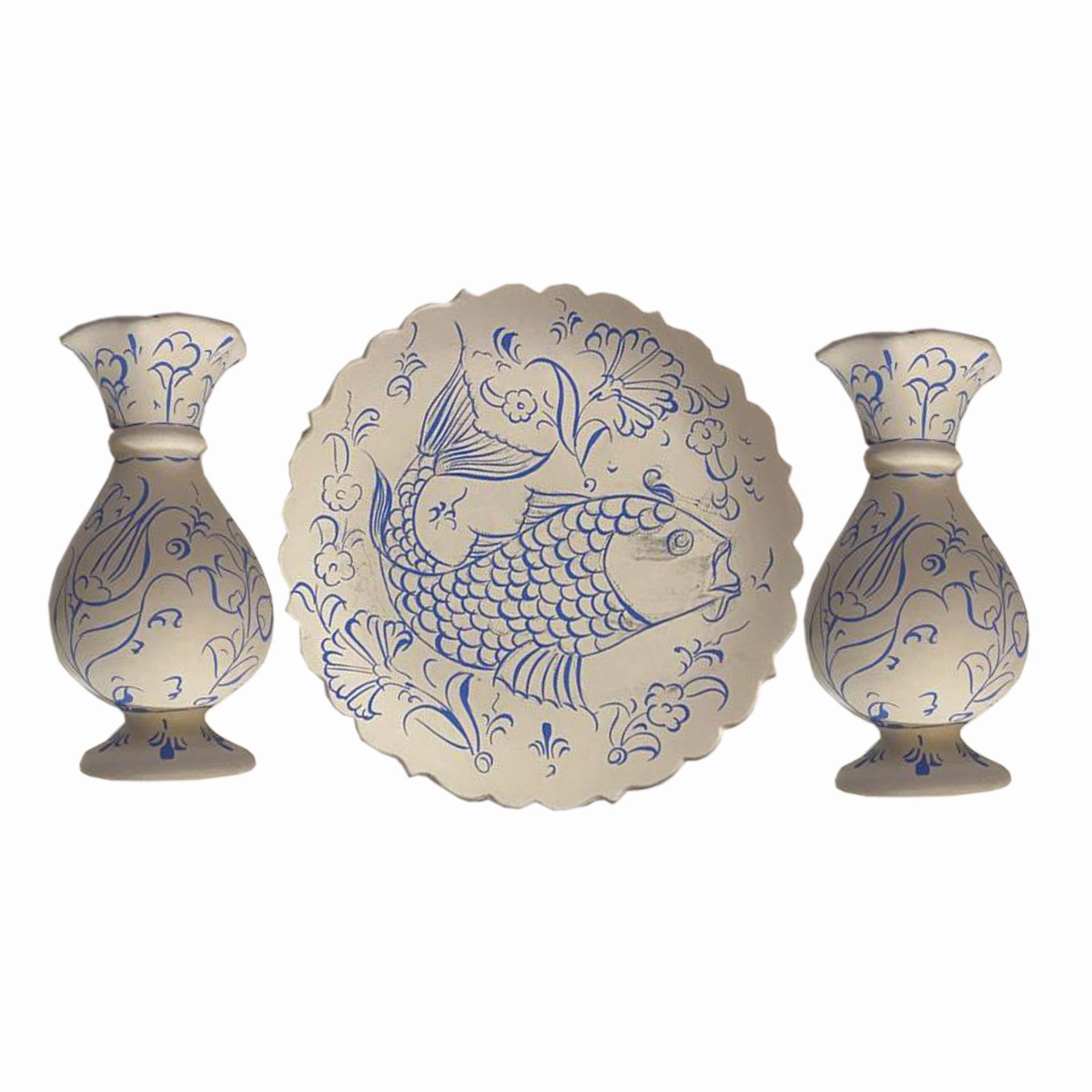Balık Desenli 18cm Tabak 1 Tane 15cm Vazo 2 Tane Tahrirli Boyanacak Set