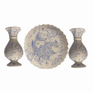 Balık Desenli 18cm Tabak 1 Tane 15cm Vazo 2 Tane Tahrirli Boyanacak Set