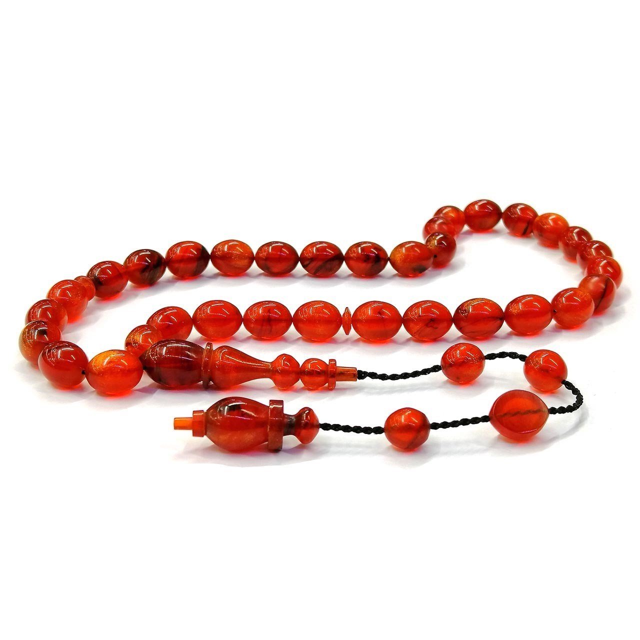Sistemli Püsküllü Beyzi Kesim Usta İmzalı Turuncu Renk Sıkma Kehribar Tesbih