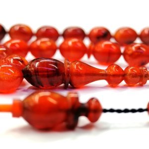 Sistemli Püsküllü Beyzi Kesim Usta İmzalı Turuncu Renk Sıkma Kehribar Tesbih