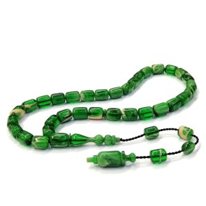 Sistemli Püsküllü Kapsül Kesim Yeşil Renk Usta İmzalı Sıkma Kehribar Tesbih