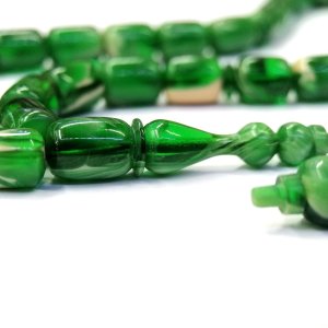 Sistemli Püsküllü Kapsül Kesim Yeşil Renk Usta İmzalı Sıkma Kehribar Tesbih