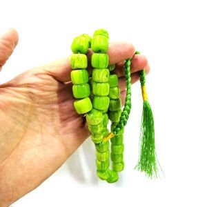 Özel Elişi Eskitme Model Yeşil Renk Çubuk Sıkma Kehribar Tesbih