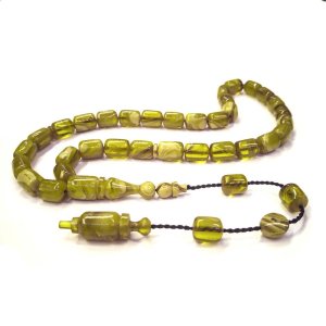 Sistemli Püsküllü Kapsül Kesim Açık Yeşil Renk Usta İmzalı Sıkma Kehribar Tesbih