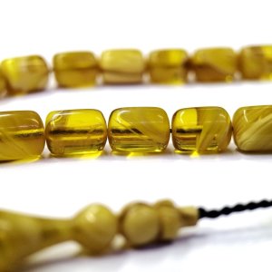 Sistemli Püsküllü Kapsül Kesim Açık Yeşil Renk Usta İmzalı Sıkma Kehribar Tesbih