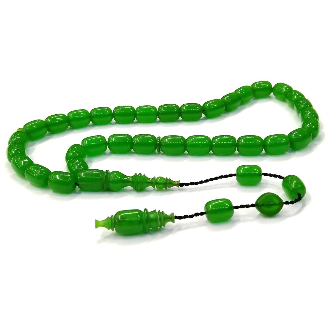 Sistemli Püsküllü Kapsül Kesim Usta İmzalı Yeşil Renk Ateş Kehribar Tesbih