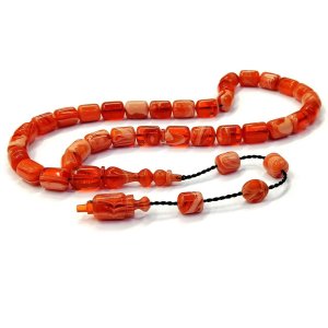 Sistemli Püsküllü Kapsül Kesim Usta İmzalı Hareli Turuncu Renk Sıkma Kehribar Tesbih