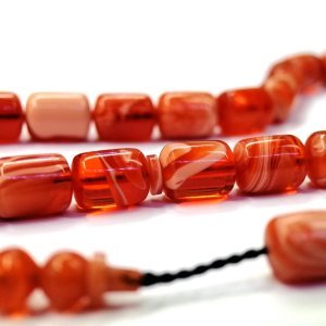 Sistemli Püsküllü Kapsül Kesim Usta İmzalı Hareli Turuncu Renk Sıkma Kehribar Tesbih