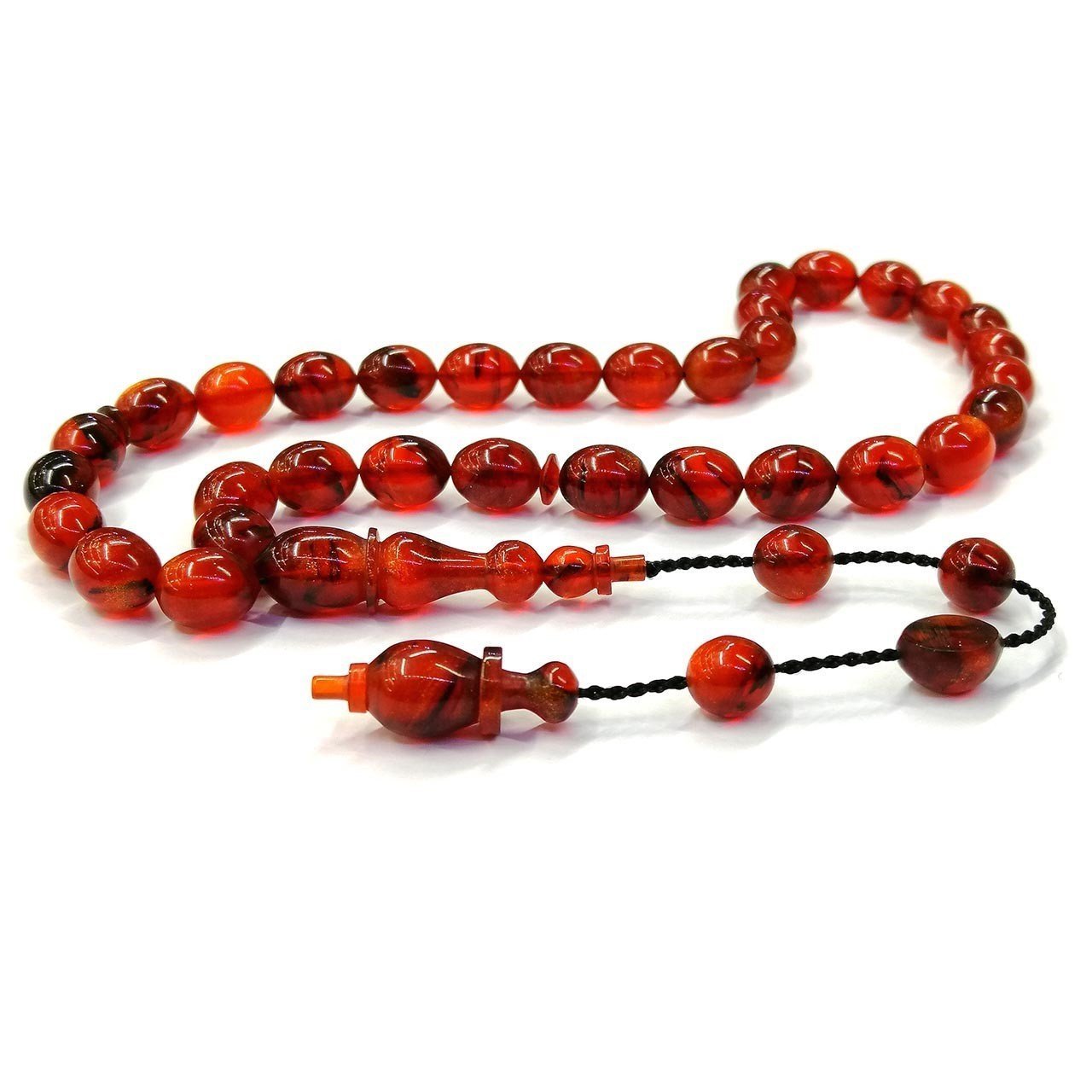 Sistemli Püsküllü Beyzi Kesim Usta İmzalı Bal Rengi Simli Sıkma Kehribar Tesbih