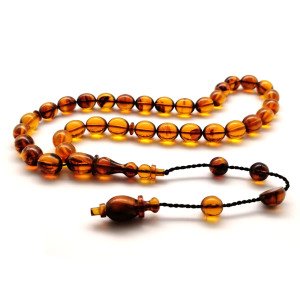 Sistemli Püsküllü Beyzi Kesim Usta İmzalı Sarı Renk Ateş Kehribar Tesbih