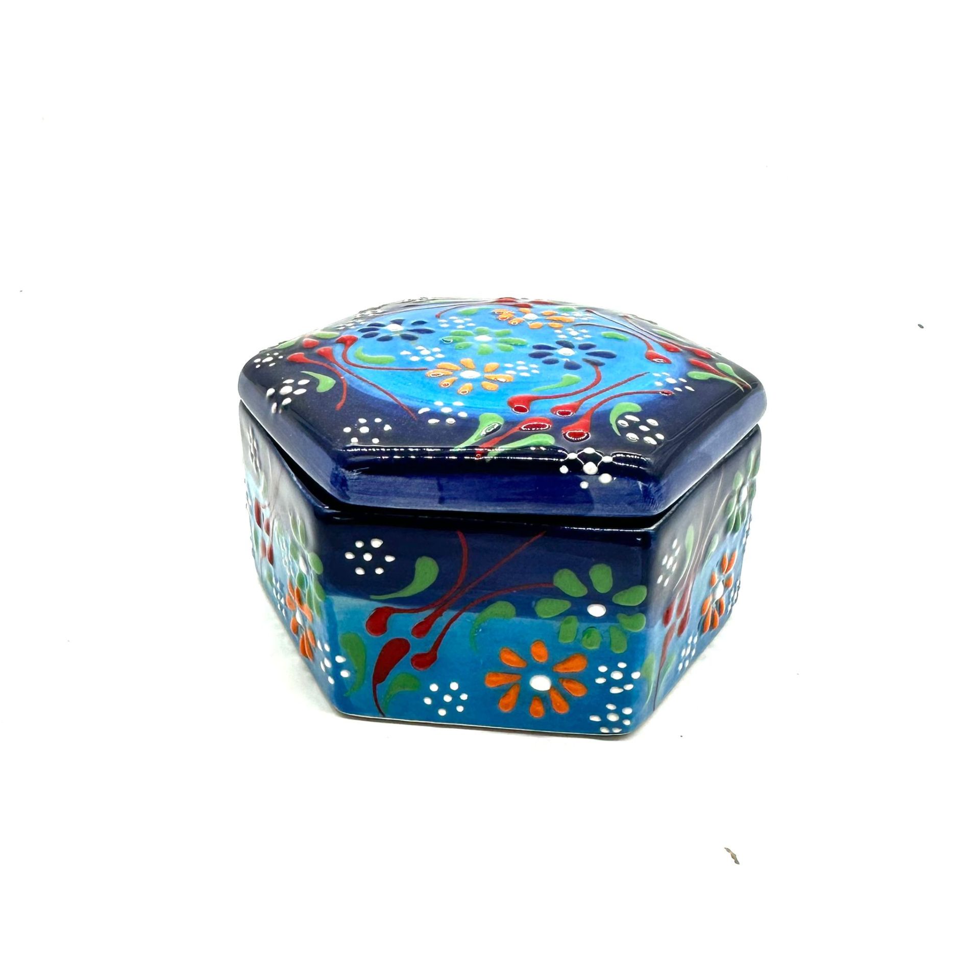 Oğuz Çini 10cm Dekoratif Ev süsü Seramik Altıgen Mücevher Kutusu