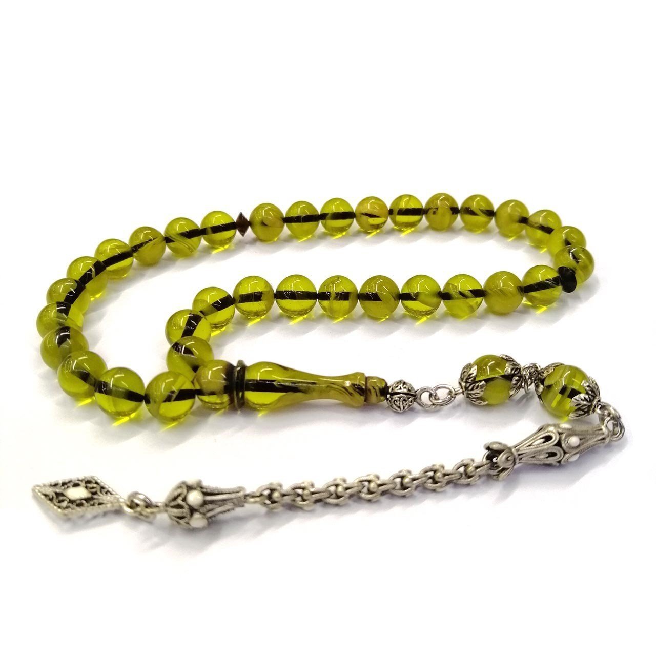 Küre Kesim Yeşil Renk Sıkma Kehribar Tesbih