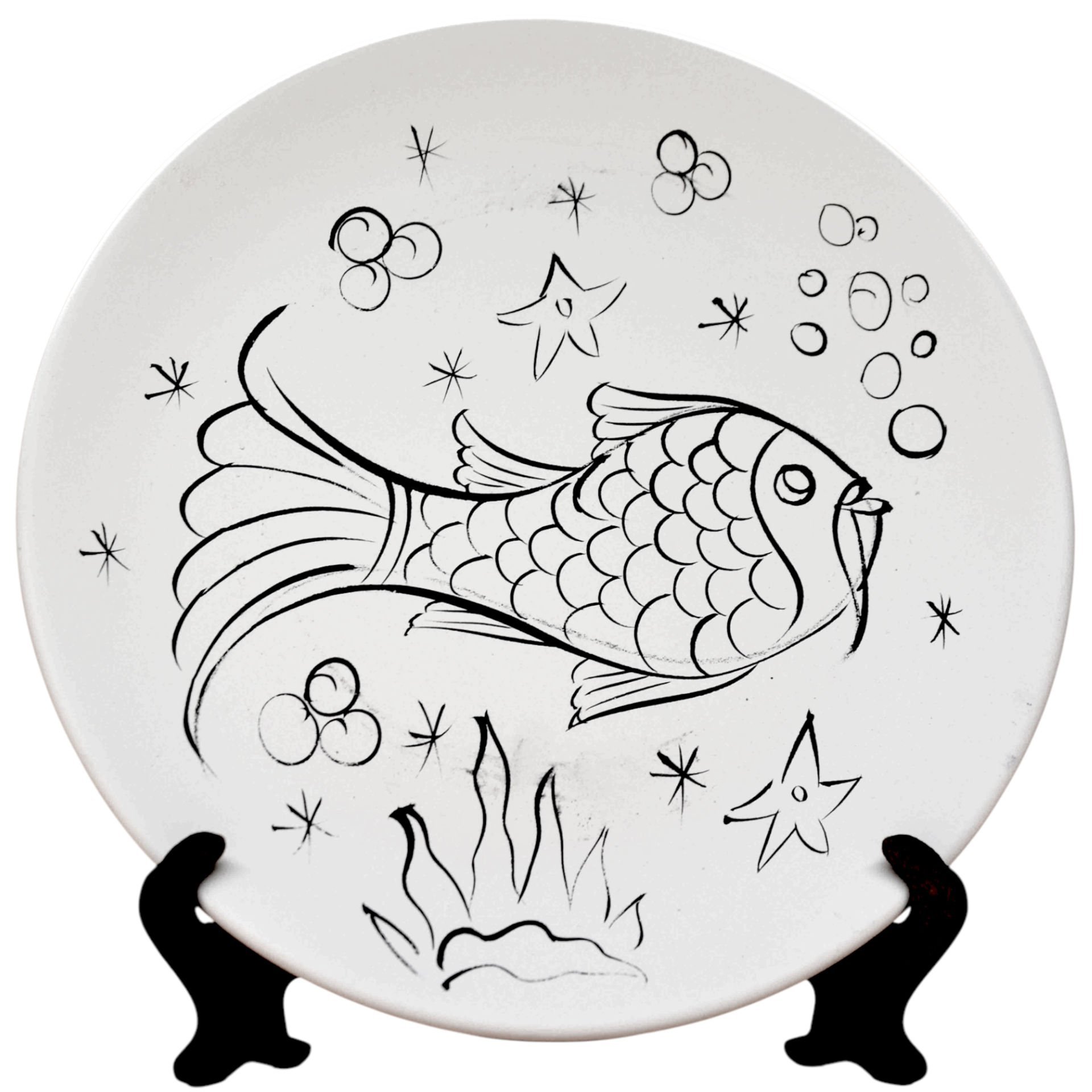 Boyanabilir 18cm Tahrirli Çini Bisküvi Tabak Balık Desenli