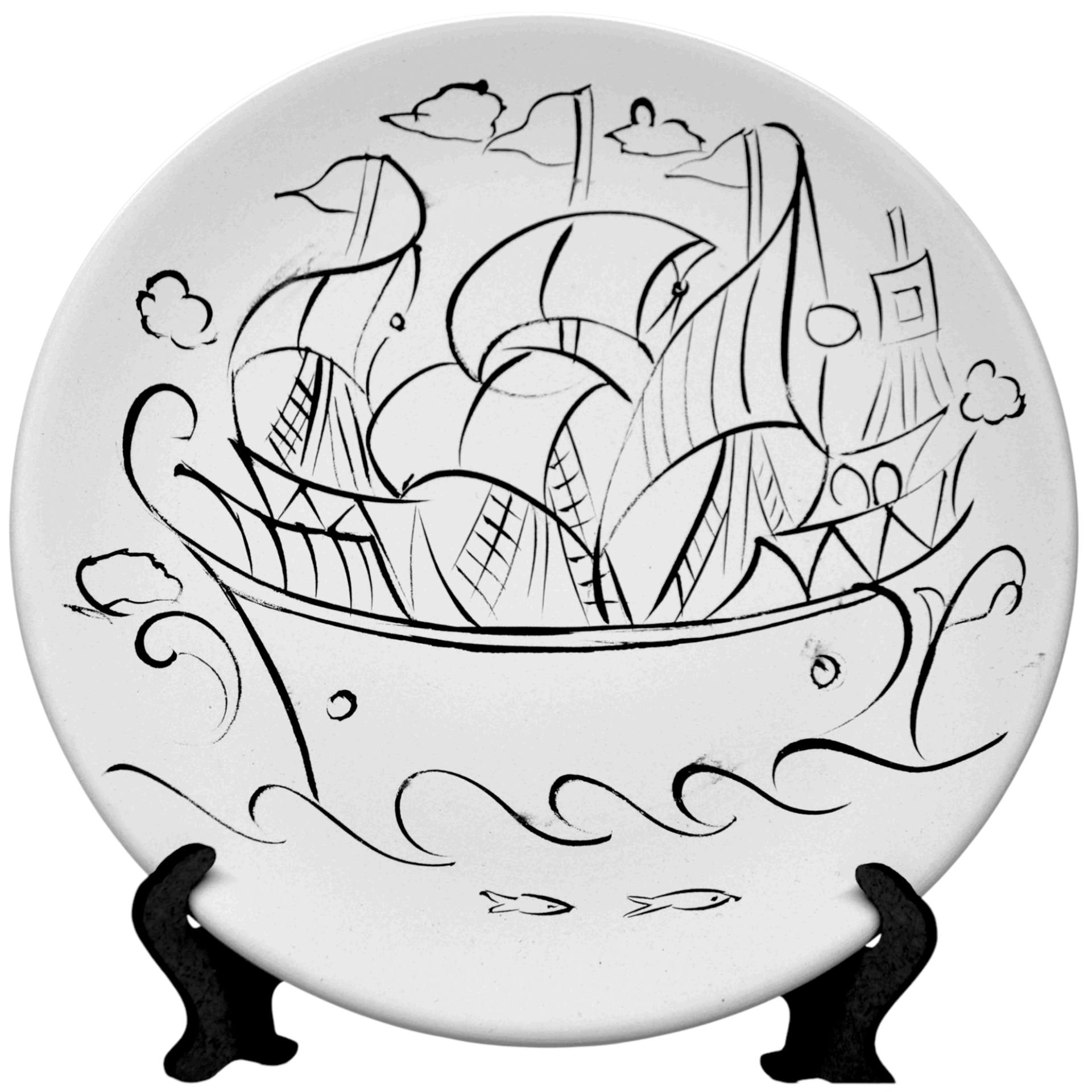 Boyanabilir 18cm Tahrirli Çini Bisküvi Tabak Gemi Yelkenli Kadırga Desenli