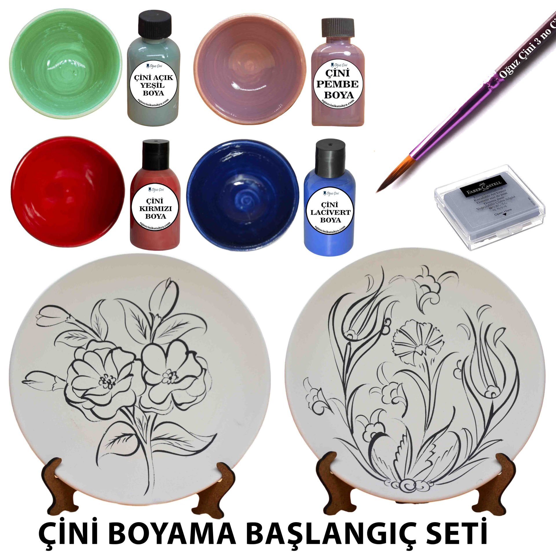 Çini Başlangıç  Tahrirli Tabak Boya Fırça Silgi Ayak Seti