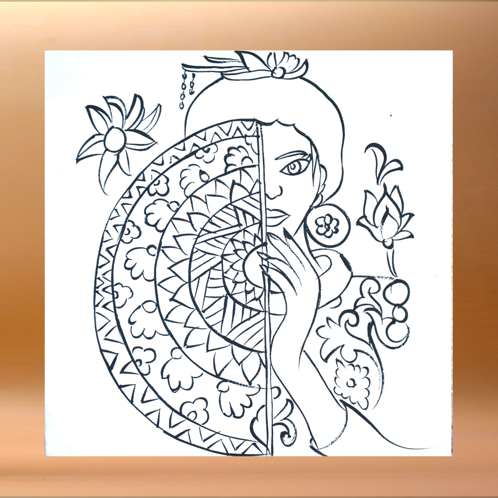 20*20 Kütahya Boyanacak  Çini Tahrirli Karo  Yelpazeli Kadın Desenli