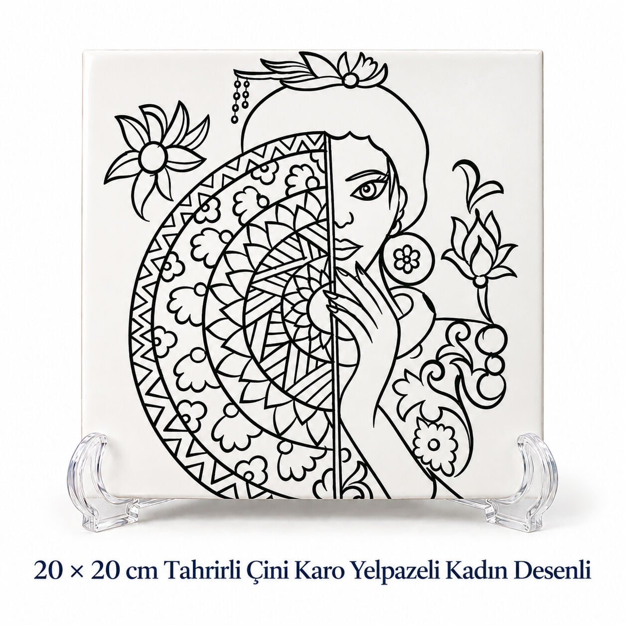 20 × 20 cm Tahrirli Çini Karo Yelpazeli Kadın Desenli