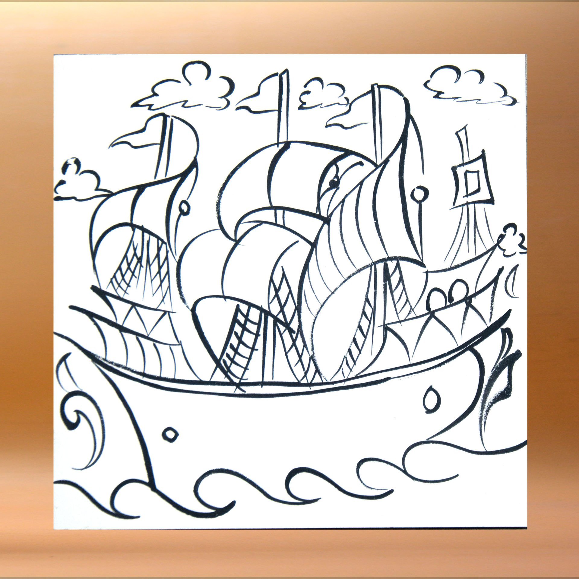 20*20 Kütahya Boyanacak  Çini Tahrirli Karo Gemi Yelkenli  Desenli