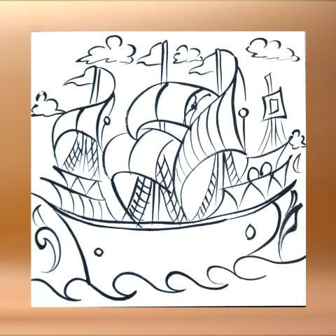 20*20 Kütahya Boyanacak  Çini Tahrirli Karo Gemi Yelkenli  Desenli