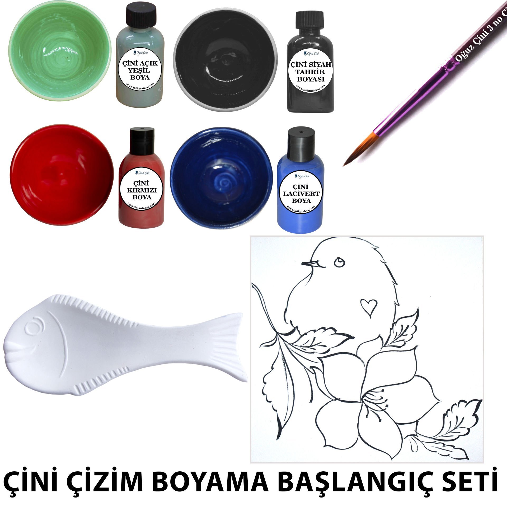 Balık Kaşıklık Tahrirli Karo Çini Başlangıç Kendin Yap Boya Fırça Seti