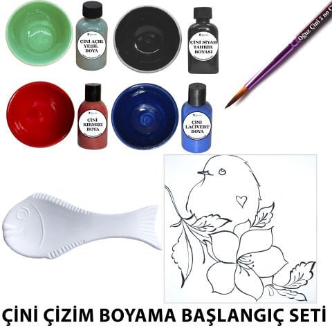 Balık Kaşıklık Tahrirli Karo Çini Başlangıç Kendin Yap Boya Fırça Seti