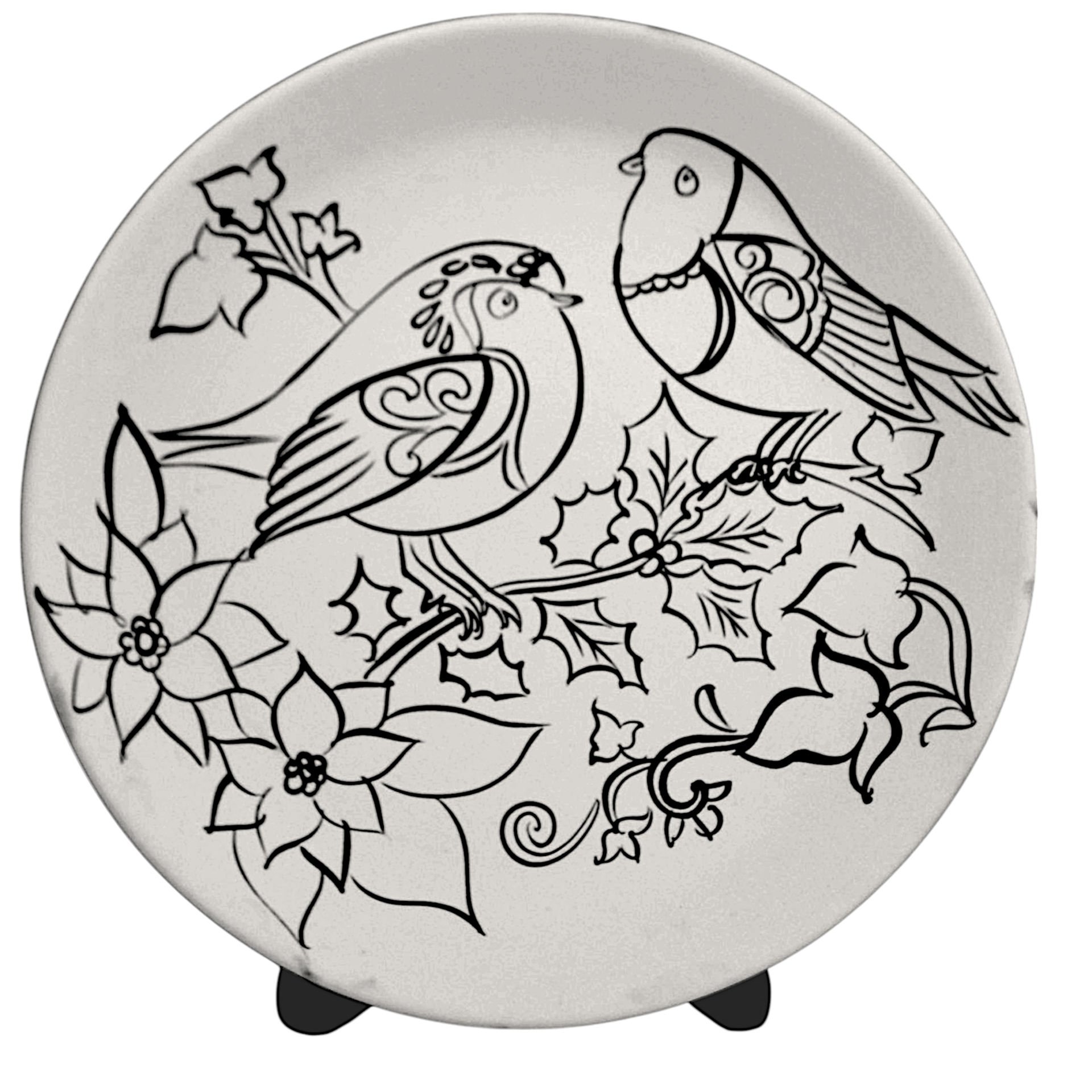 Kütahya Çizili Bisküvi Tahrirlenmiş Anne Baba Sevgili Kuş Deseni Boyanabilir Tabak