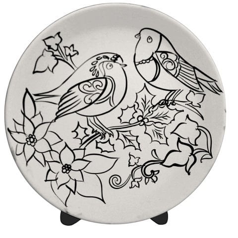 Kütahya Çizili Bisküvi Tahrirlenmiş Anne Baba Sevgili Kuş Deseni Boyanabilir Tabak