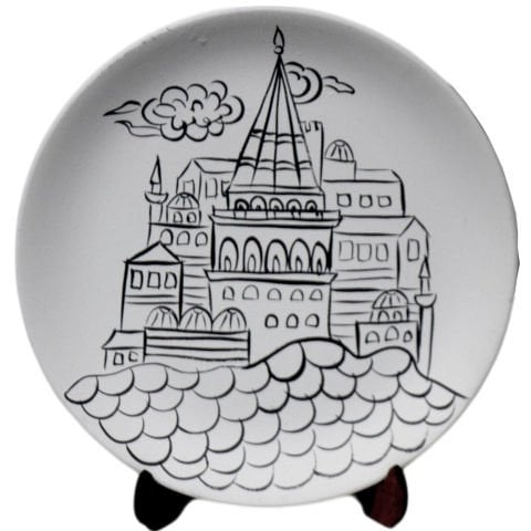 Galata Kulesi Desenli Çini Tahrirlenmiş Tabak