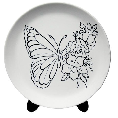 Kelebek Desenli Çini Tahrirlenmiş Boyanabilir Tabak