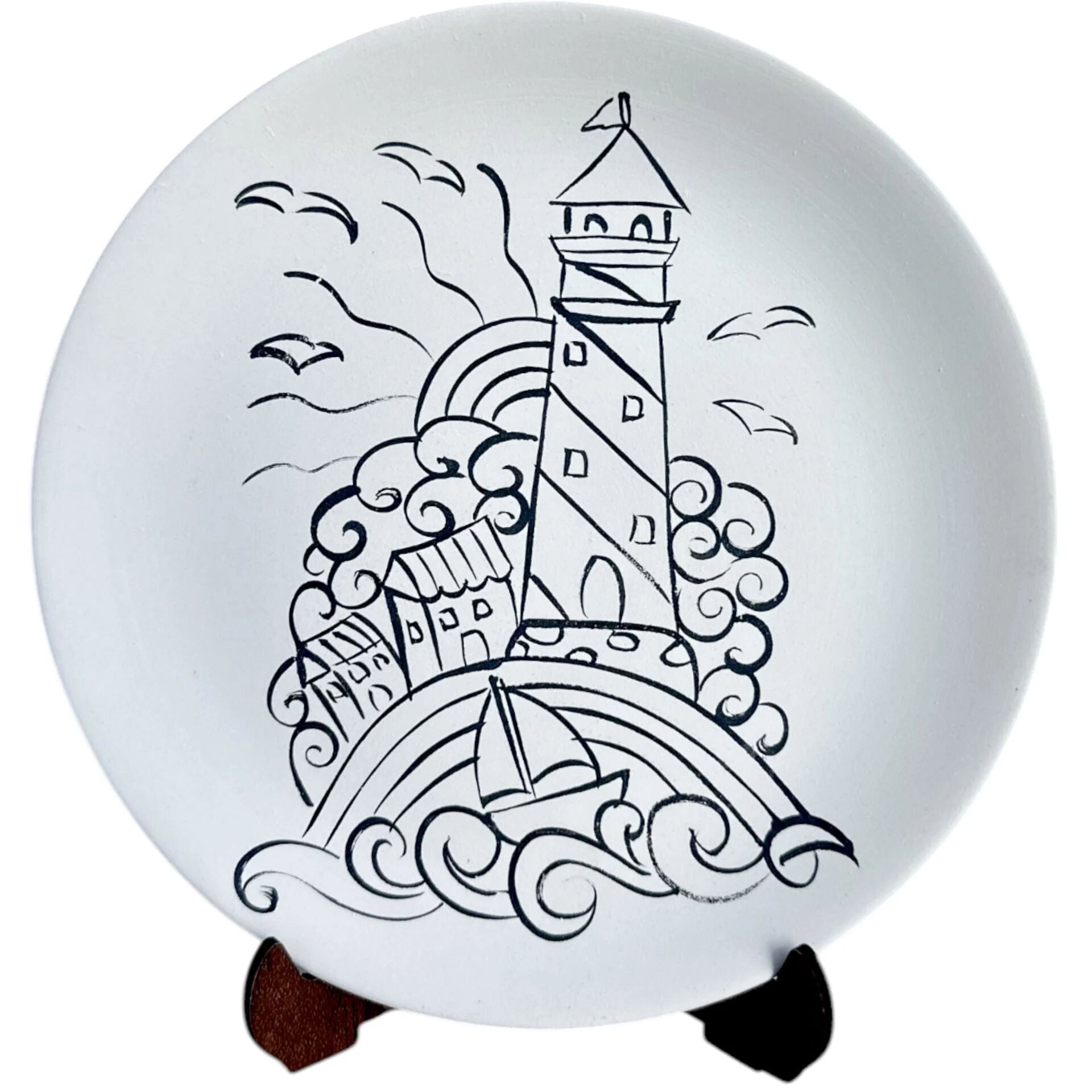 Boyanabilir Deniz Feneri Motifli Çini Tabak