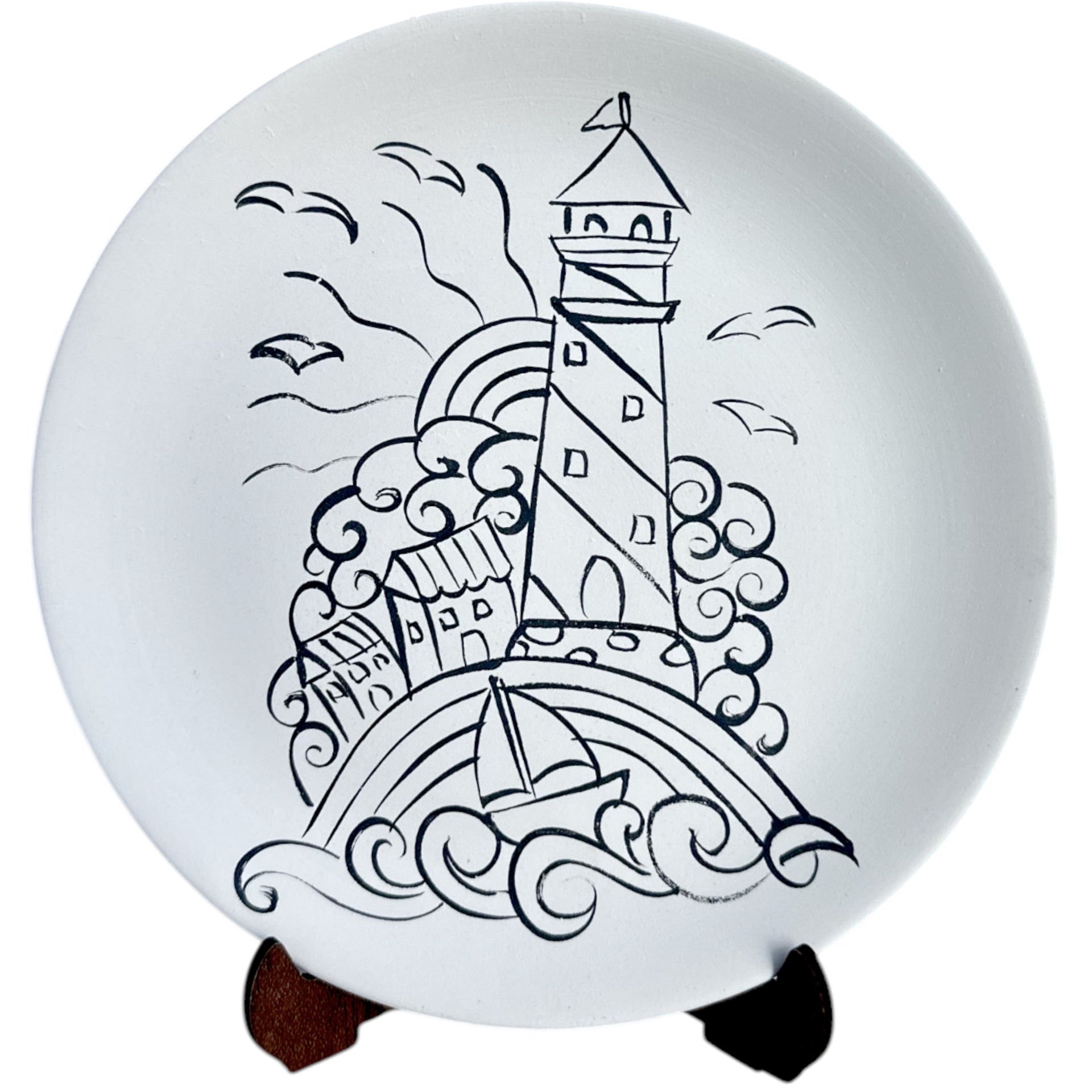 Boyanabilir Deniz Feneri Desenli Tahrirli Çini Bisküvi Tabak