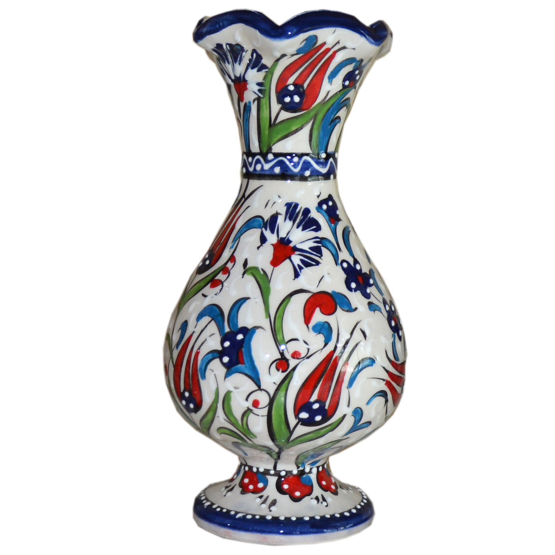 25cm Kütahya El   Dekoru Çini Seramik Lale Karanfil Desenli Hediyelik Sümbül Vazo LACİVERT