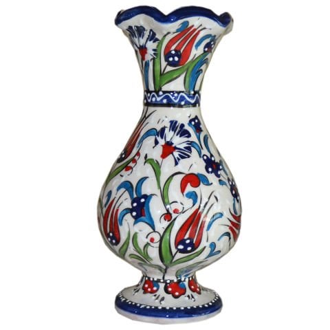 25cm Kütahya El   Dekoru Çini Seramik Lale Karanfil Desenli Hediyelik Sümbül Vazo LACİVERT