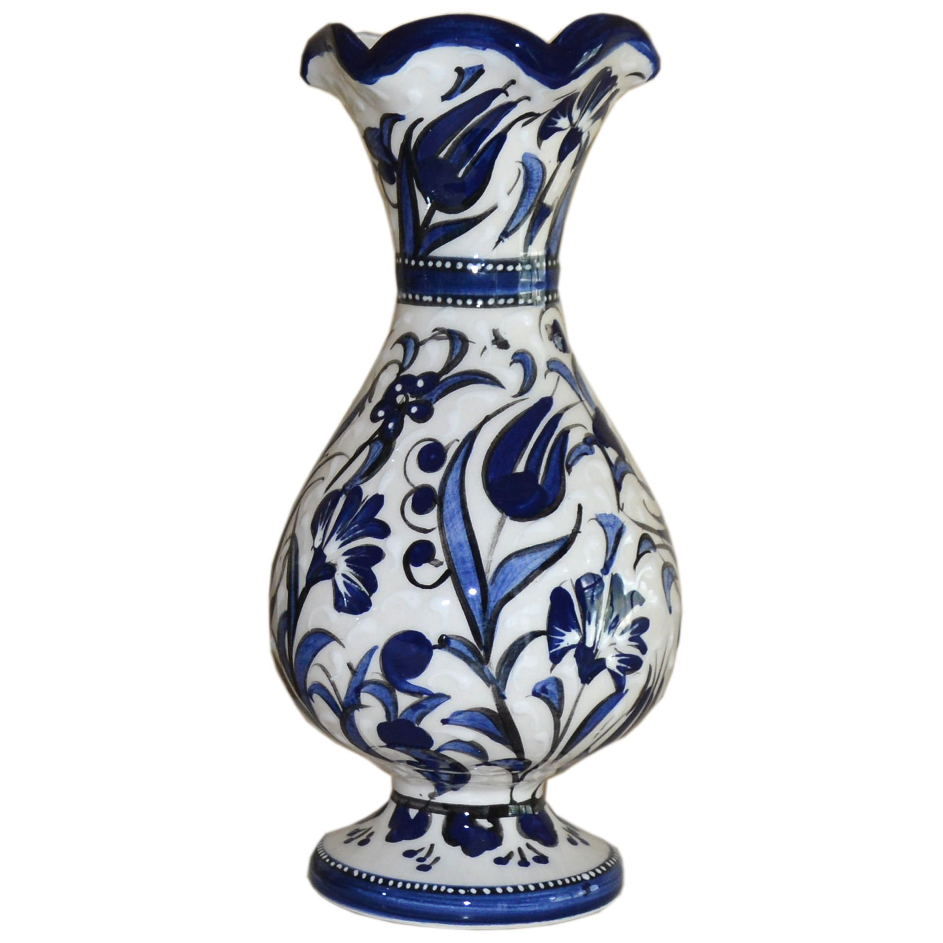 25cm Kütahya El   Dekoru Çini Seramik Lale Karanfil Desenli Hediyelik Sümbül Vazo Mavi Beyaz