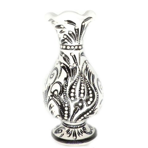 25cm Kütahya El   Dekoru Çini Seramik Lale Karanfil Desenli Hediyelik Sümbül Vazo Beyaz Noktalı