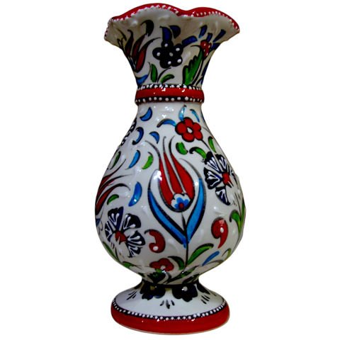 15cm Kütahya El   Dekoru Çini Seramik Lale Karanfil Desenli Hediyelik Sümbül Vazo KIRMIZI