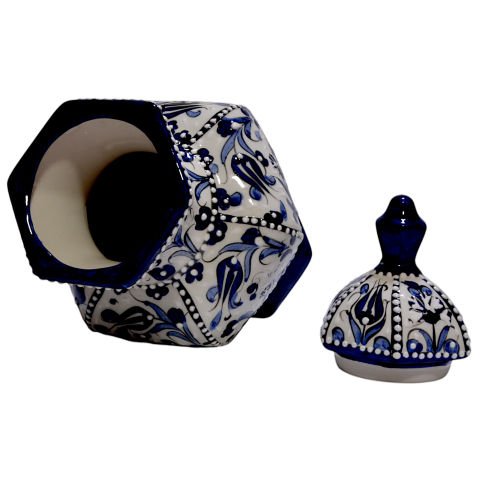 Oğuz Çini Dekoratif Şık Modern Seramik  Altıgen Küp Mavi Beyaz