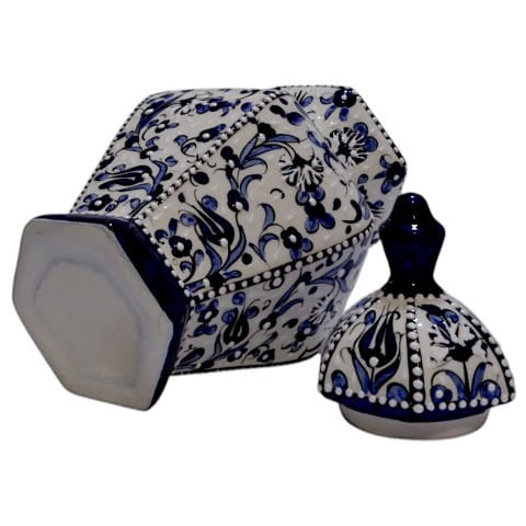 Oğuz Çini Dekoratif Şık Modern Seramik  Altıgen Küp Mavi Beyaz