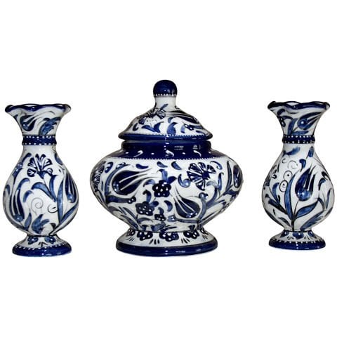 Hediyelik Kütahya Çini Seramik Şekerlik Vazo Mavi Beyaz Bleu Blanc Üçlü Set