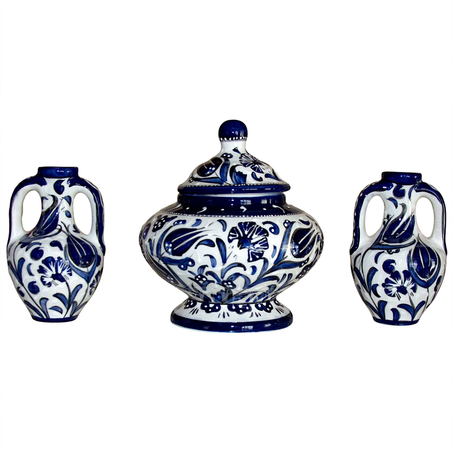 Hediyelik Kütahya Çini Seramik Şekerlik Anfora Testi Mavi Beyaz Blue Blanc Üçlü Set