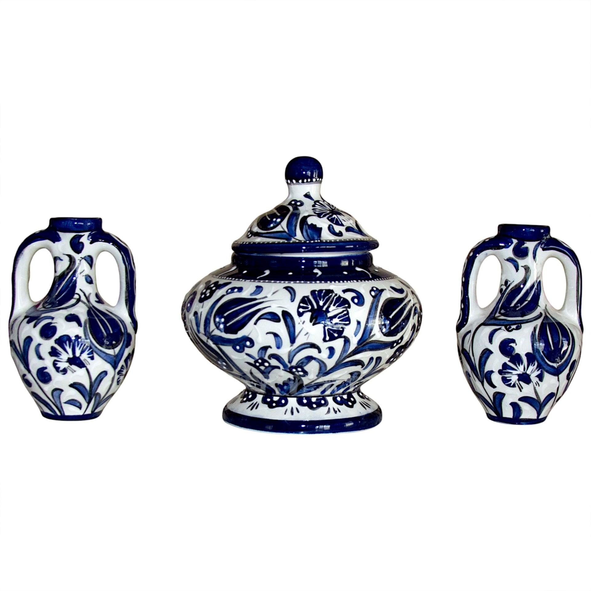 Hediyelik Kütahya Çini Seramik Şekerlik Anfora Testi Mavi Beyaz Blue Blanc Üçlü Set