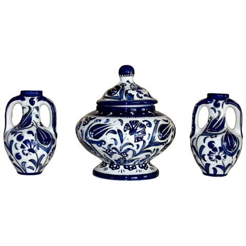 Hediyelik Kütahya Çini Seramik Şekerlik Anfora Testi Mavi Beyaz Blue Blanc Üçlü Set