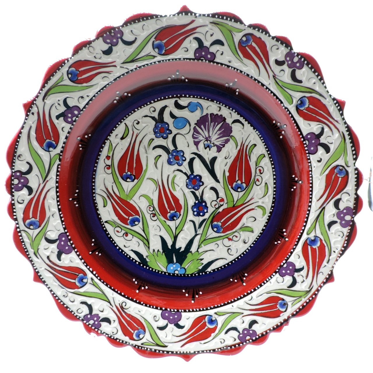 Desenli Çini Tabak Kırmızı Lacivert 18cm