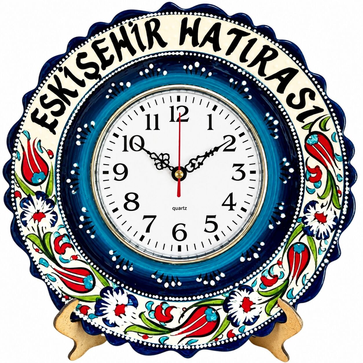 30 cm El Dekoru Kütahya Çini Duvar Saati – Lale Desenli Dekoratif Çini Saat